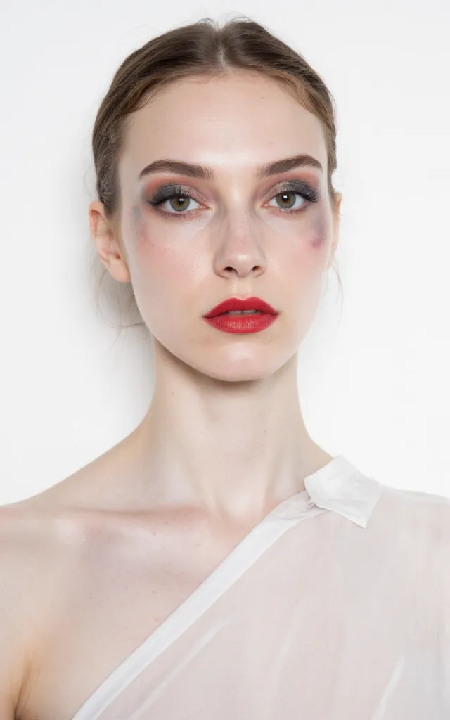 A French female model with a Fantasy makeup style, wearing a shirt, against a white background, in a front   facing bust portrait